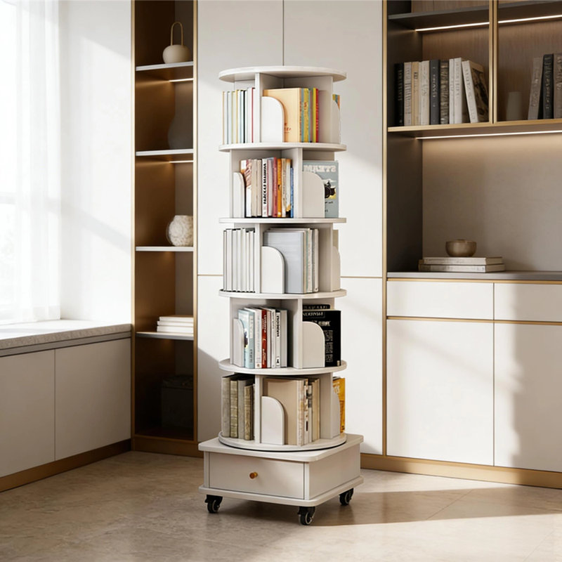 Bibliothèque pivotante à 5 niveaux avec tiroir et roulettes 360 °, organisateur de rangement mobile blanc, Blanc