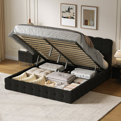 Lit coffre capitonné avec rangement relevable, lit plateforme en boucle avec rangement hydraulique et lattes en bois, tête de lit capitonnée moderne, sommier non requis