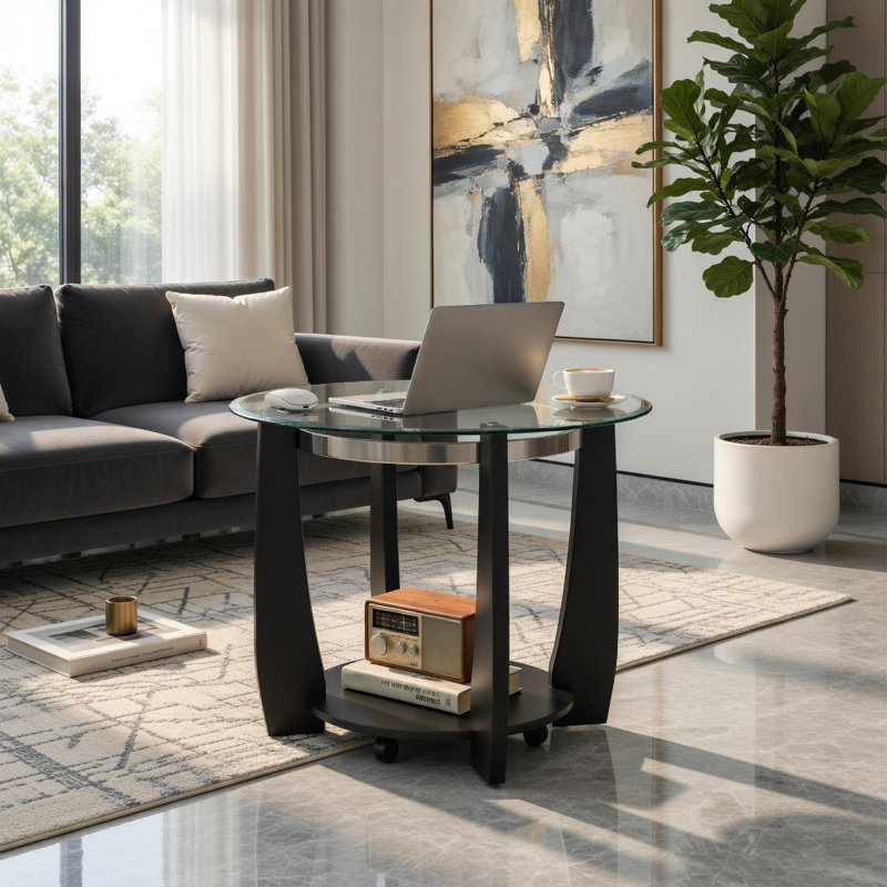 Table basse Hommoo 32 po à 2 niveaux avec plateau en verre trempé, structure en bois d'hévéa et roulettes, transparent et noir