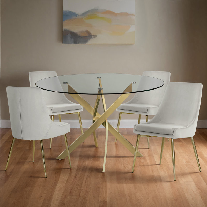Meridian Furniture Vonda Dining Table + 4 Dining Chair Set, Cream, Gold