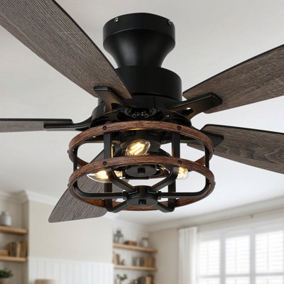52-Inch Farmhouse Flush Mount Ceiling Fan with Light and Remote, 6 Speeds Reversible Black Caged Low Profile Ceiling Fan for Bedroom, Living Room