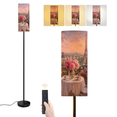 Lampe sur pied moderne avec peinture à l'huile représentant la Tour Eiffel, paysage parisien, fleurs printanières sur un balcon. Lampe sur pied à intensité variable avec télécommande et interrupteur au pied. Abat-jour et abat-jour. Parfait pour le salon, la chambre ou le bureau.