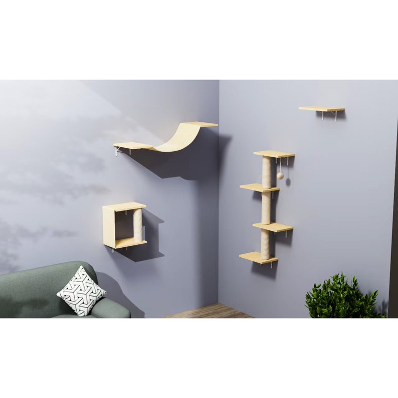 Chat à fixation murale moderne 4 pièces avec pont, marches et arbre, résistant, peu encombrant, écoénergétique, efficace
