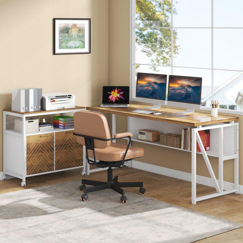 Bureau de direction et classeur latéral 2 pièces Lympsham, H 29 po x l 63 po x P 55 po, Noyer/blanc
