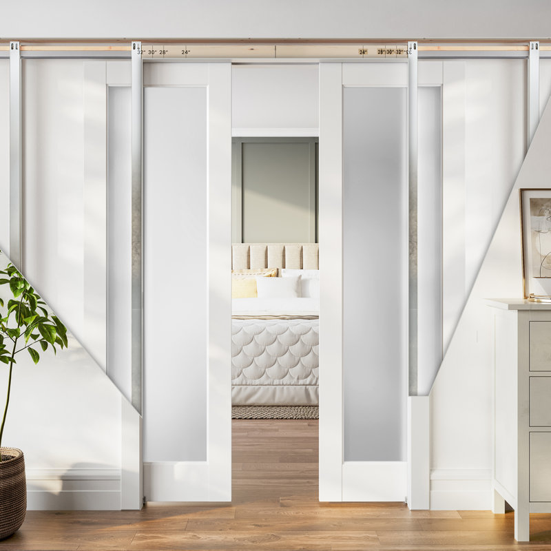 Frosted Glass 1-Lite Sliding Pocket Double Doors White Standard Door with Hardware Kit Set, 48" x 80", 2