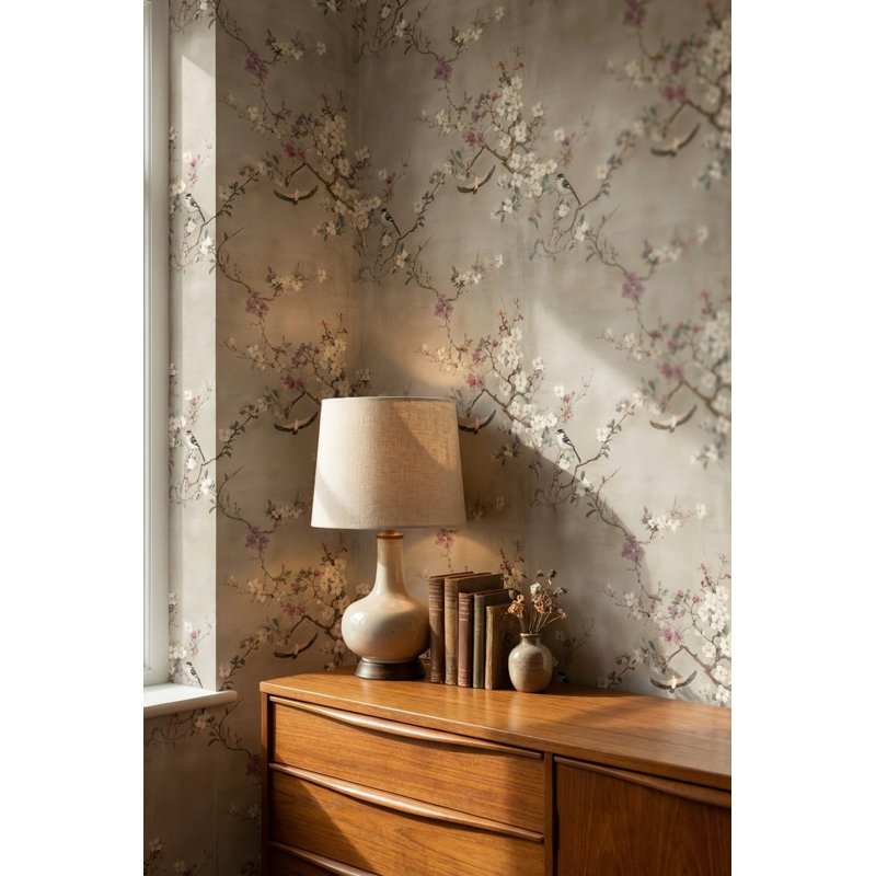 Papier peint floral oiseaux rétro