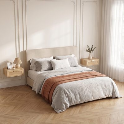 Floating Nightstands Set of 2 Wall-Mounted Bedside Tables Oak Rattan 1-Drawer 40x30x15cm No Legs Low Profile