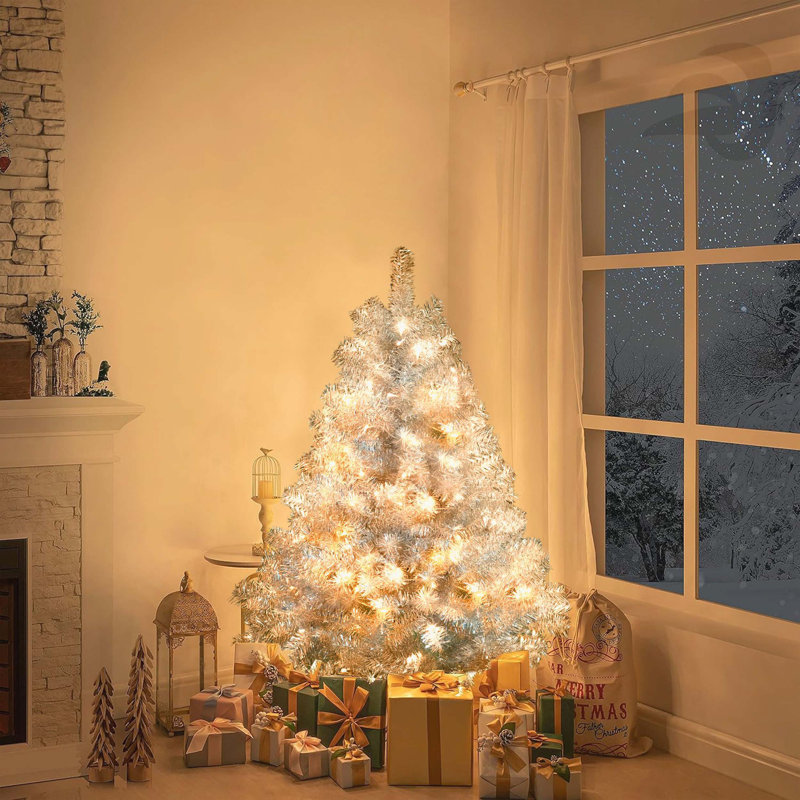 Arbre de Noël artificiel articulé 4 pi argenté avec base en métal, 400 branches, 150 lumières DEL (11 modes d'éclairage), pour un décor intérieur / extérieur des Fêtes