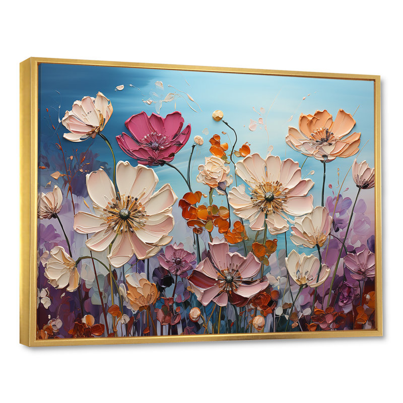 «White Morning Glory Flower Field I» sur toile, Cadre flottant doré, H 34 po x l 44 po