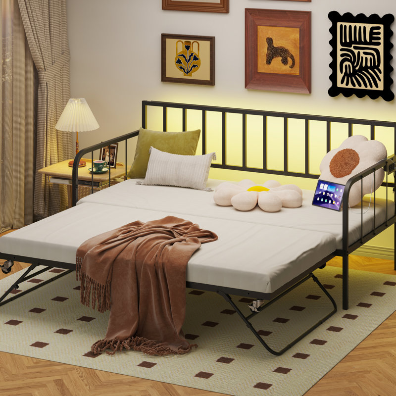 Twin Daybed With Trundle, Metal Bed Frame For Bedroom And Living Room, Space Saving, Elegant Style, Steel Support, Under - Storage, Simple Assembly Procedure Room Bedroom, Classic Design, Heavy Duty