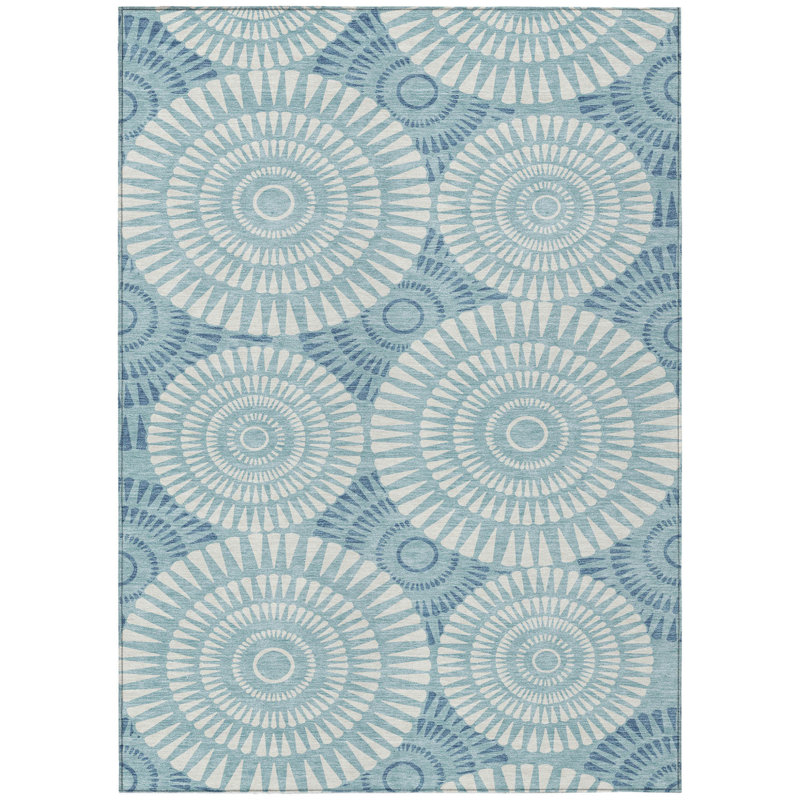 9' X 12' Teal Blue And Ivory Geometric Washable Indoor Outdoor Area Rug