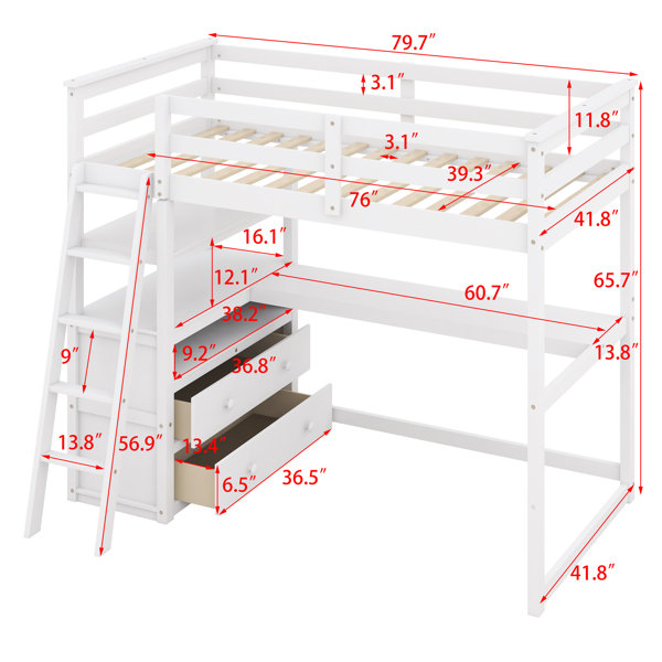 Harriet Bee Twin Size Loft Bed With Desk And Shelves, Two Built-In ...