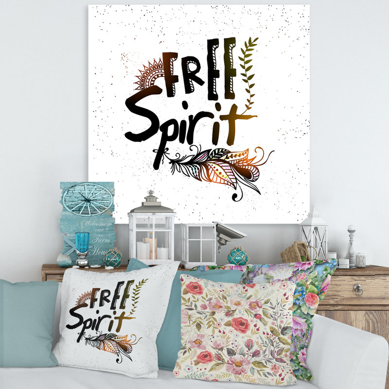 «Ethnic Feather Free Spirit», art textuel sur toile, H 16 po x l 16 po x P 1 po, Toile tendue