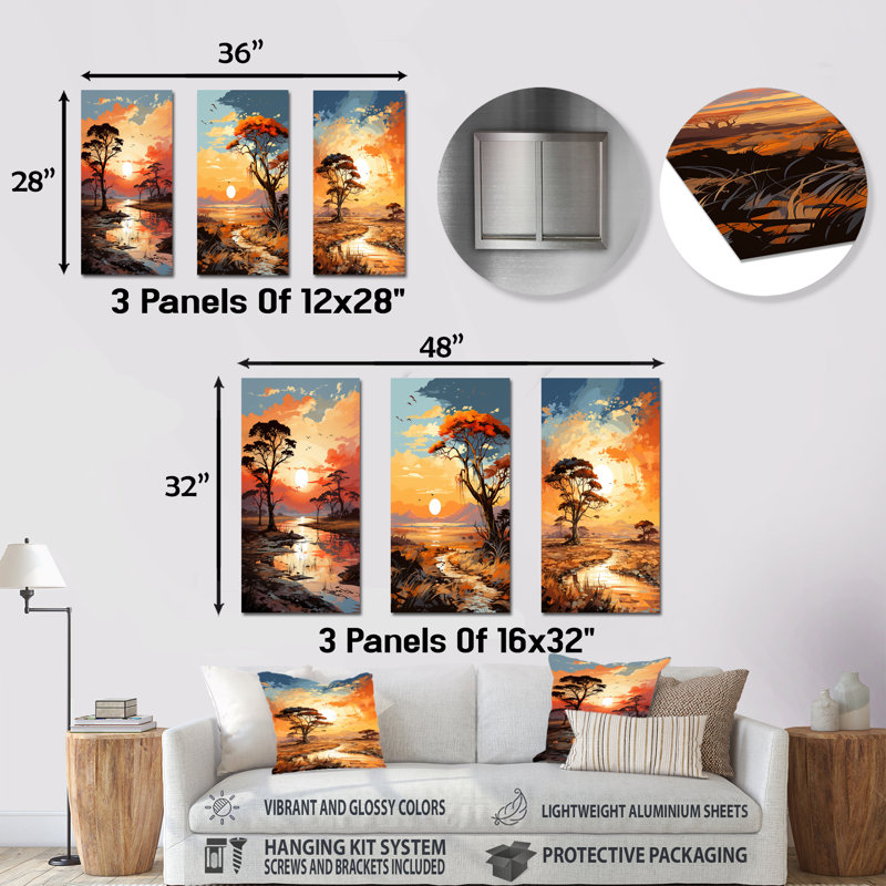 «African Sunset Essence» Savane Harmony I - Arbre, ensemble de 3 impressions sur métal d'Afrique, H 32 po x l 48 po