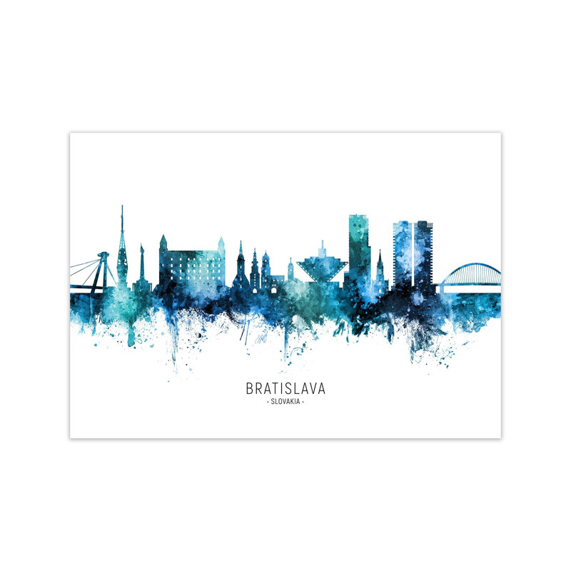 Bratislava Slovakia Skyline Blue City Name by Michael Tompsett - Print, Unframed, 60cm H x 84cm W x 1cm D