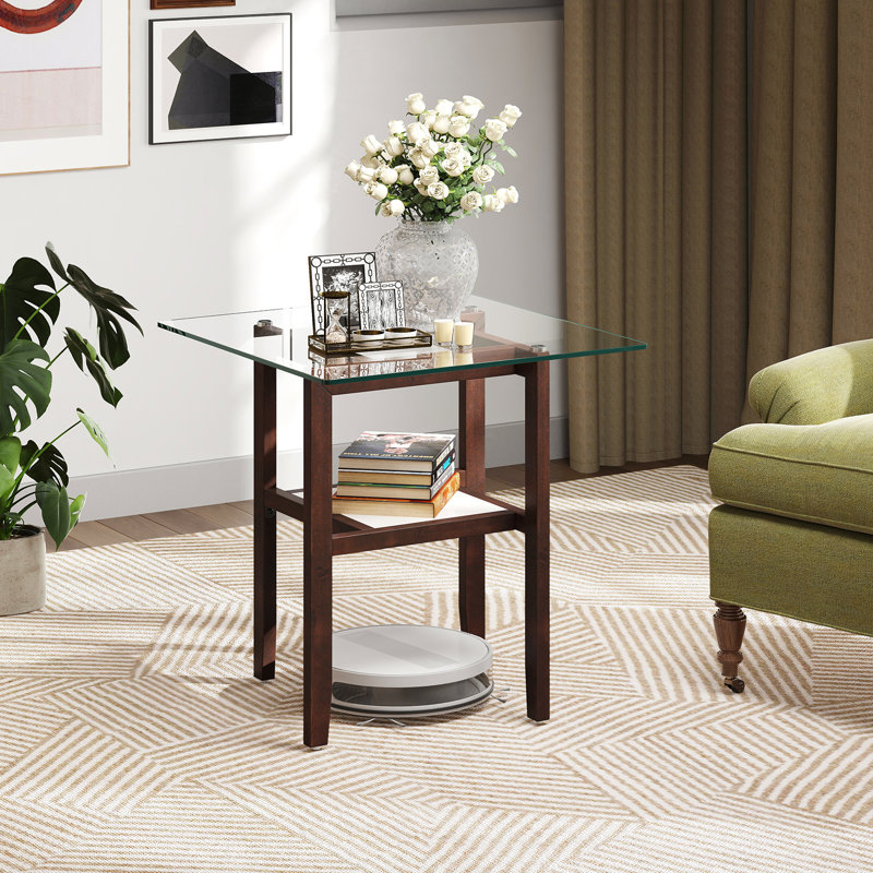 Table d'appoint 24 po carrée en verre avec tablette de rangement et structure en bois d'hévéa pour le salon