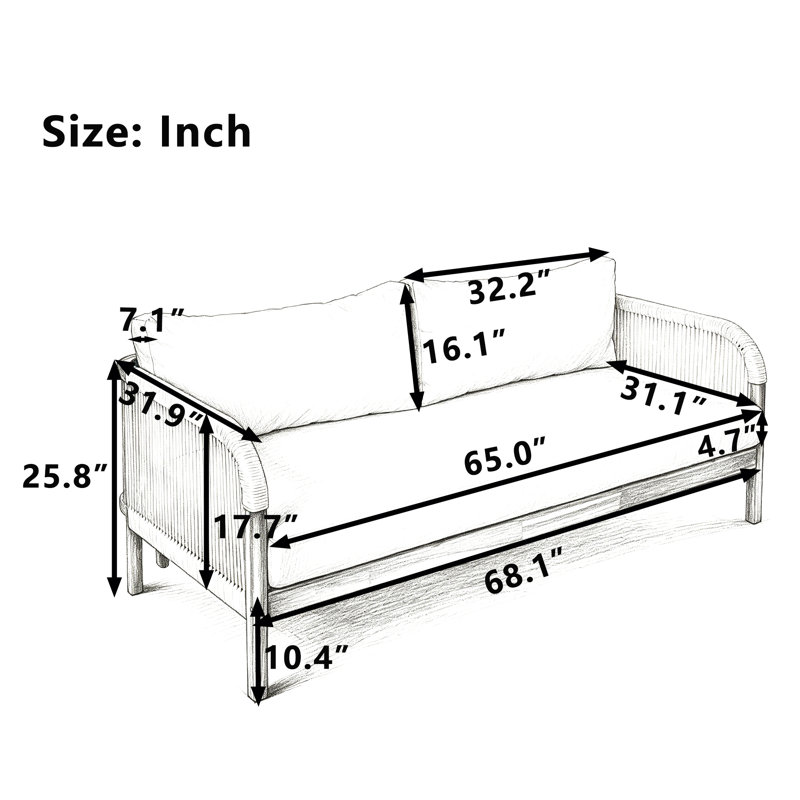 Canapé de patio en bois avec cordes tissées à la main et coussin de siège, Grey