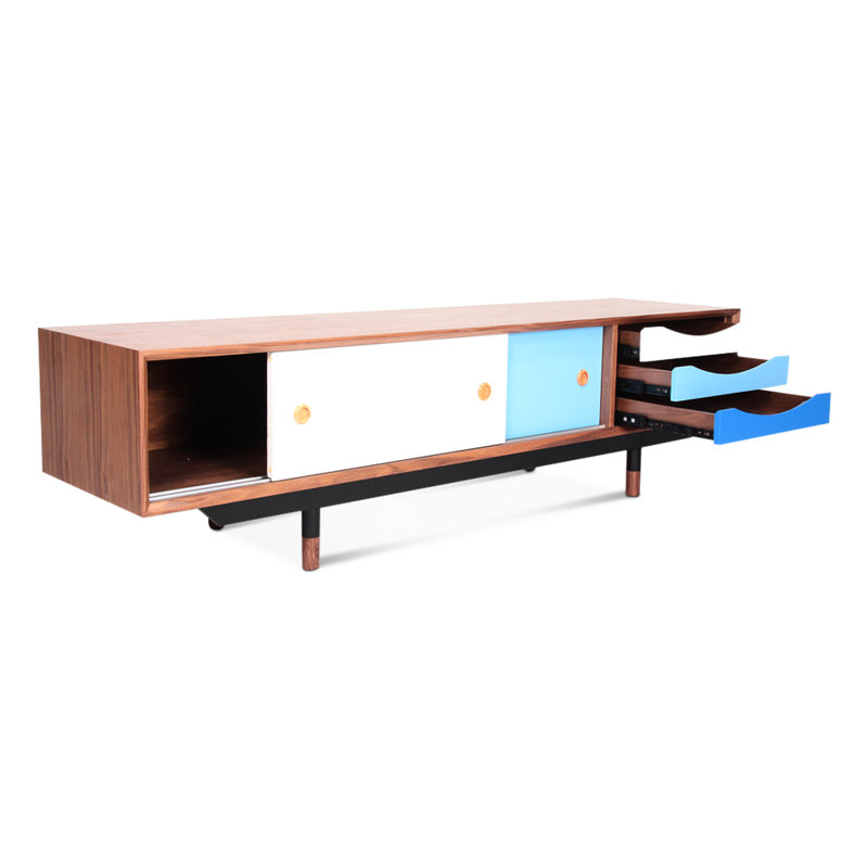 Retro 1955 Tv Cabinet With Blue Hue, Natural Walnut Veneer Over , Black Stainless Steel Legs, Solid Wood Feet, Lacquered Drawers For Primary Living Room From 1955, On Main