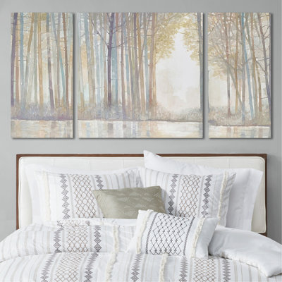 Art mural représentant un paysage de forêt - œuvre d'art texturée et thème suspendu dans des teintes froides avec caractéristique