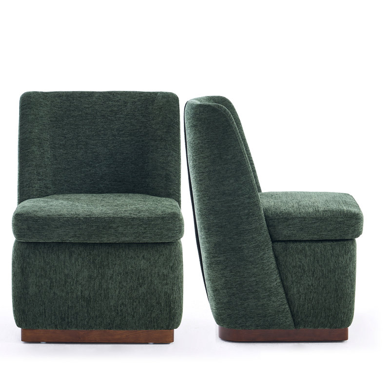 Upholstered Boucle Accent Chair Full Back Barrel Chair Armless Living Room Chairs With Solid Wood Base, Green Fabric