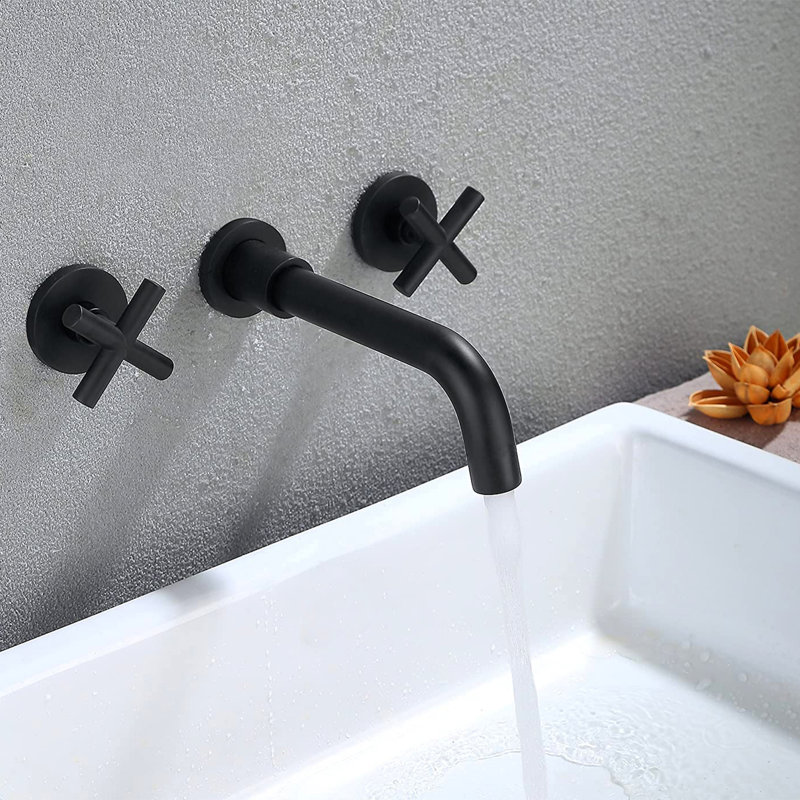 Robinet mural à deux poignées pour lavabo de salle de bain avec bonde escamotable, laiton et acier inoxydable, aération par éclaboussures, installation à domicile facile