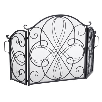  Pare-étincelles décoratif, conception élégante en fer forgé à 3 panneaux avec volutes et filet, protection robuste et élégante pour les foyers, couleur argent