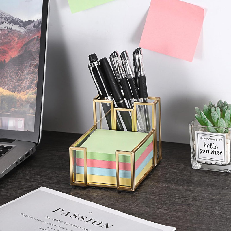 Porte-notes 3 x 3 pouces en verre doré avec fente pour stylo, distributeur de bloc-notes de bureau