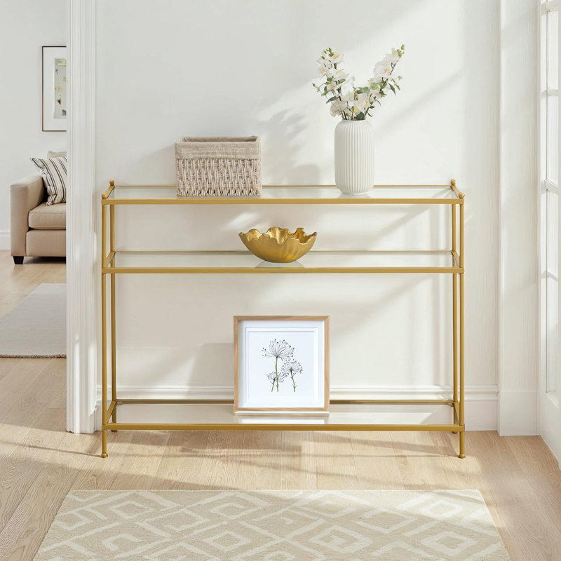 Carolina Console Table with Shelves, Gold/Clear, 30" H x 42" W x 9.5" D