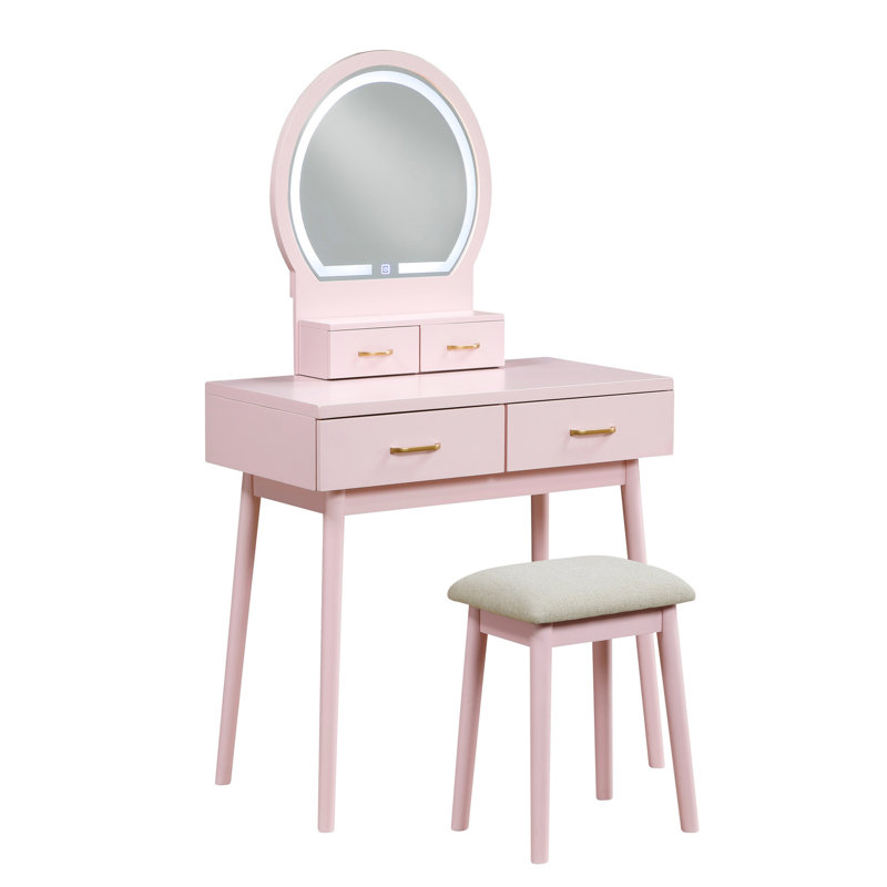 Captivating Pink Vanity Dresser With Mirror & Stool - Bedroom Element And For Functional Storage Unit