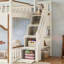 Lit superposé double au-dessus d'une chambre double avec escalier de rangement, fenêtre, bibliothèque latérale et espace inférieur convertible pour dormir ou jouer, structure en bois massif, beige et naturel profond-133491150