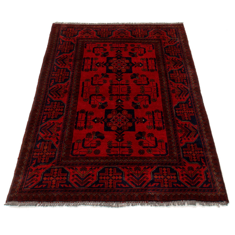 Tapis rouge en laine noué à la main de conception unique 3 pi 4 po x 4 pi 11 po nouvel âge Iniya