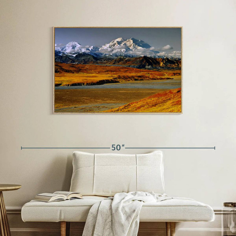 Golden Denali Fall, 40" X 27", Floating Frame Natural Wood
