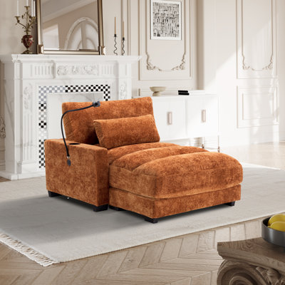 Modular Chenille Chaise Lounge With Armrests, Usb Port, Cup Holder & Phone Holder – Each Seat With Bracket Support