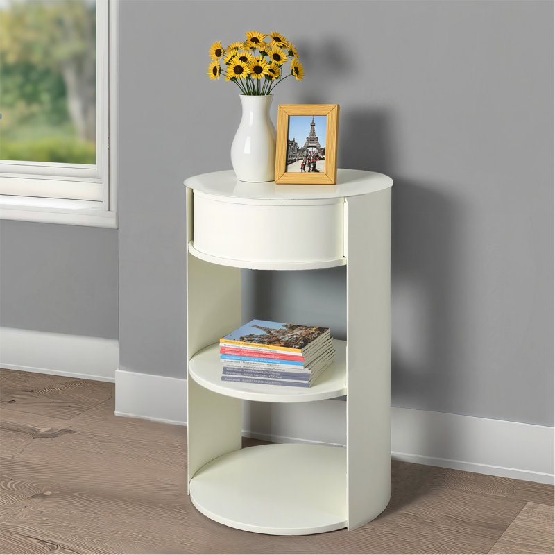 Table d'appoint ronde d'intérieur en métal à 3 niveaux avec armoire à porte coulissante, blanc mat, Matte White