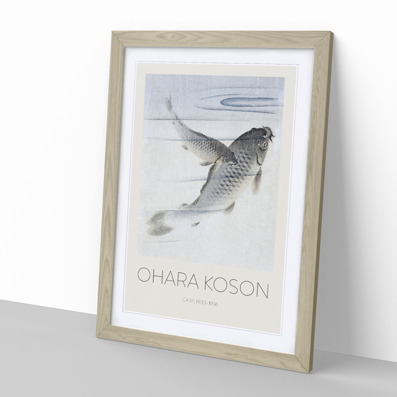 Pair of Carps by Ohara Koson - Picture Frame Painting, 48cm H x 36cm W x 2cm D, Oak