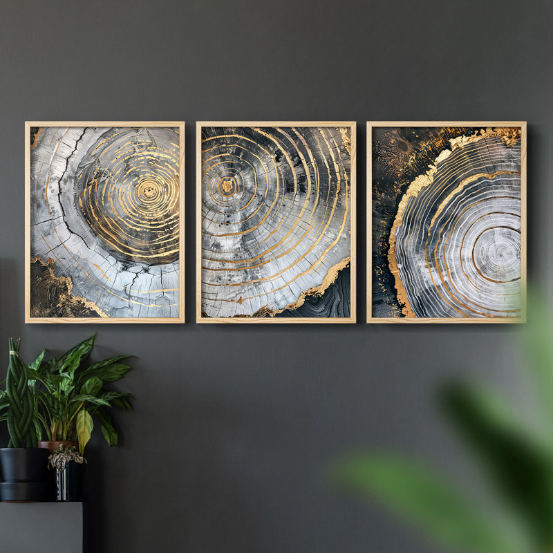 Abstract  Series  LXIII  -Set Of 3 Framed Giclee Prints -Ready to Hang, 28" H x 22" W, Natural Framed