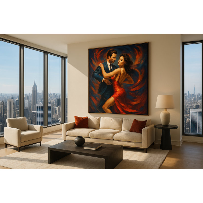 Inferno in Motion - Red Elegance Dance Portrait (Ltd. Edition) Framed Canvas Wall Art by Kasian Art Studio - Brown Frame