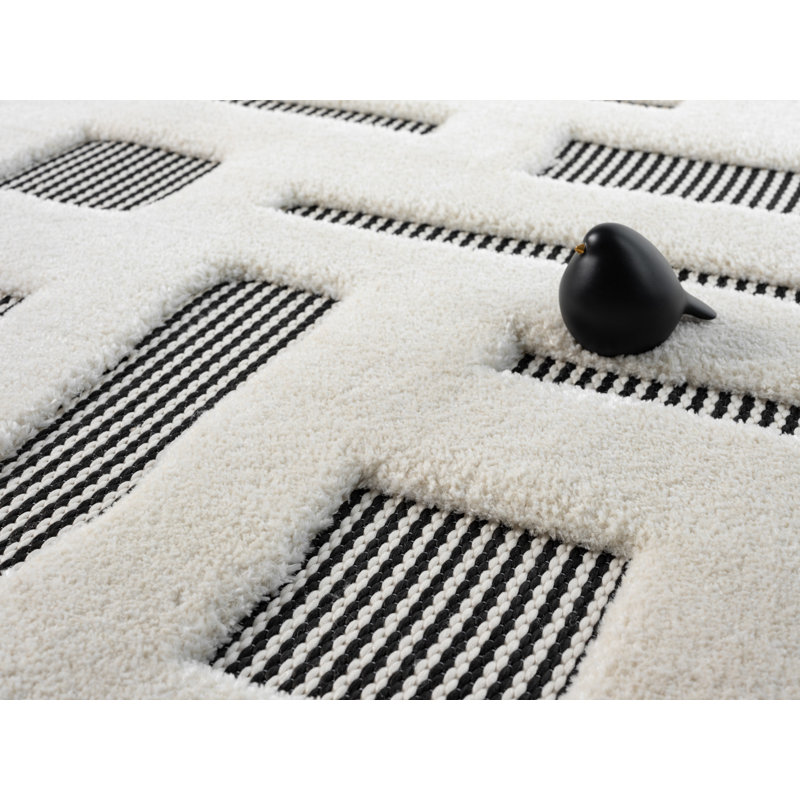 Oheneba Collection Modern Abstract Cream and Black Area Rug, Rectangle 2' x 3'