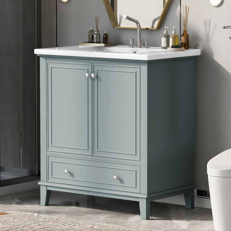Meuble-lavabo moderne de 30 po avec lavabo encastré, panneau de rangement en bois massif et tablette réglable dans l'armoire, panneau de section amovible en peuplier, rangement argenté fonctionnel