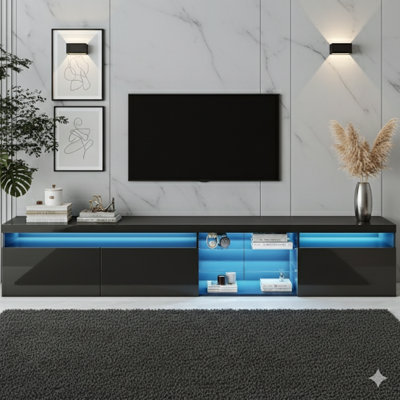 Distinctively Designed Media Stand With Two Glass Shelves, Providing Generous Storage Space For Televisions Up To 105 Inches, A Multifunctional Television Cabinet Equipped With Adjustable Colour-Changing LED Lighting For The Living Room, In Black.