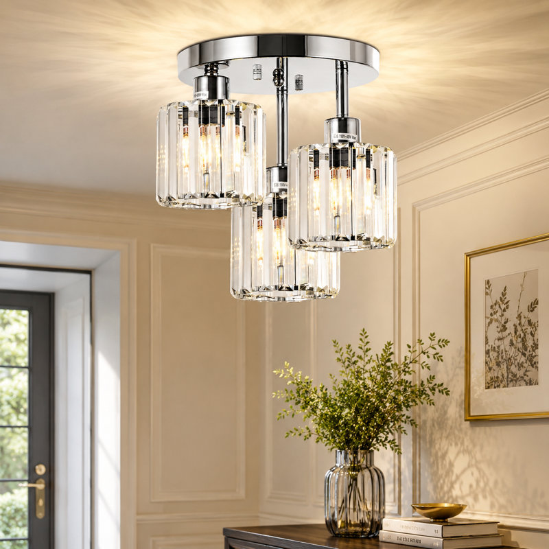 Modern Crystal Ceiling Light Fixtures, 3 - Light Semi Flush Mount Ceiling Light With Clear Crystal Shade, Chrome