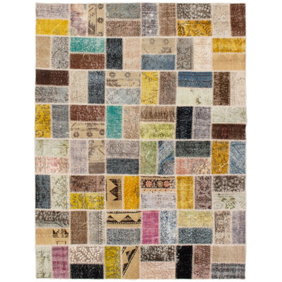 Tapis unique en laine noué à la main brun et jaune de style patchwork des années 1980 de 5 pi 9 po x 7 pi 8 po Andreu