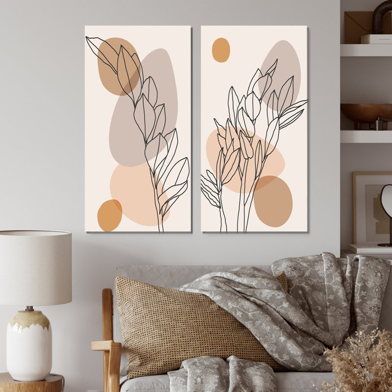 «Beige Botanical Abstract Leaves II», ensemble de 2 peintures, Toile tendue, H 40 po x l 40 po x P 1,5 po