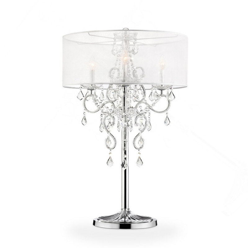Grande lampe de table 35 "Evangelia", finition argentée et accents de cristal, abat-jour transparent