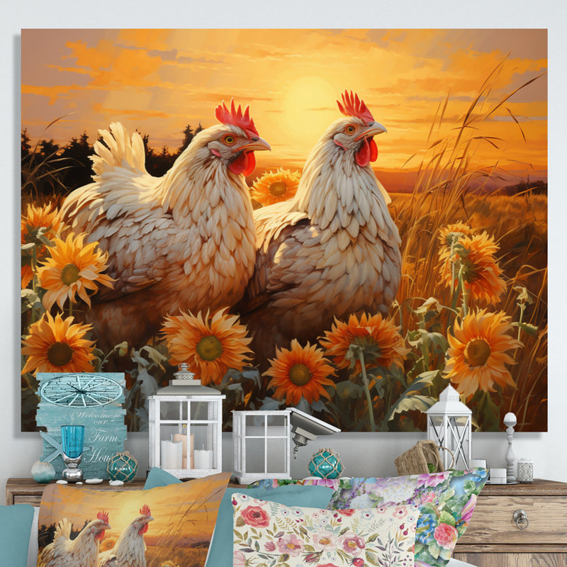 " Loving Chicken At Sunset ", 30" H x 40" W x 1.5" D, Wrapped Canvas