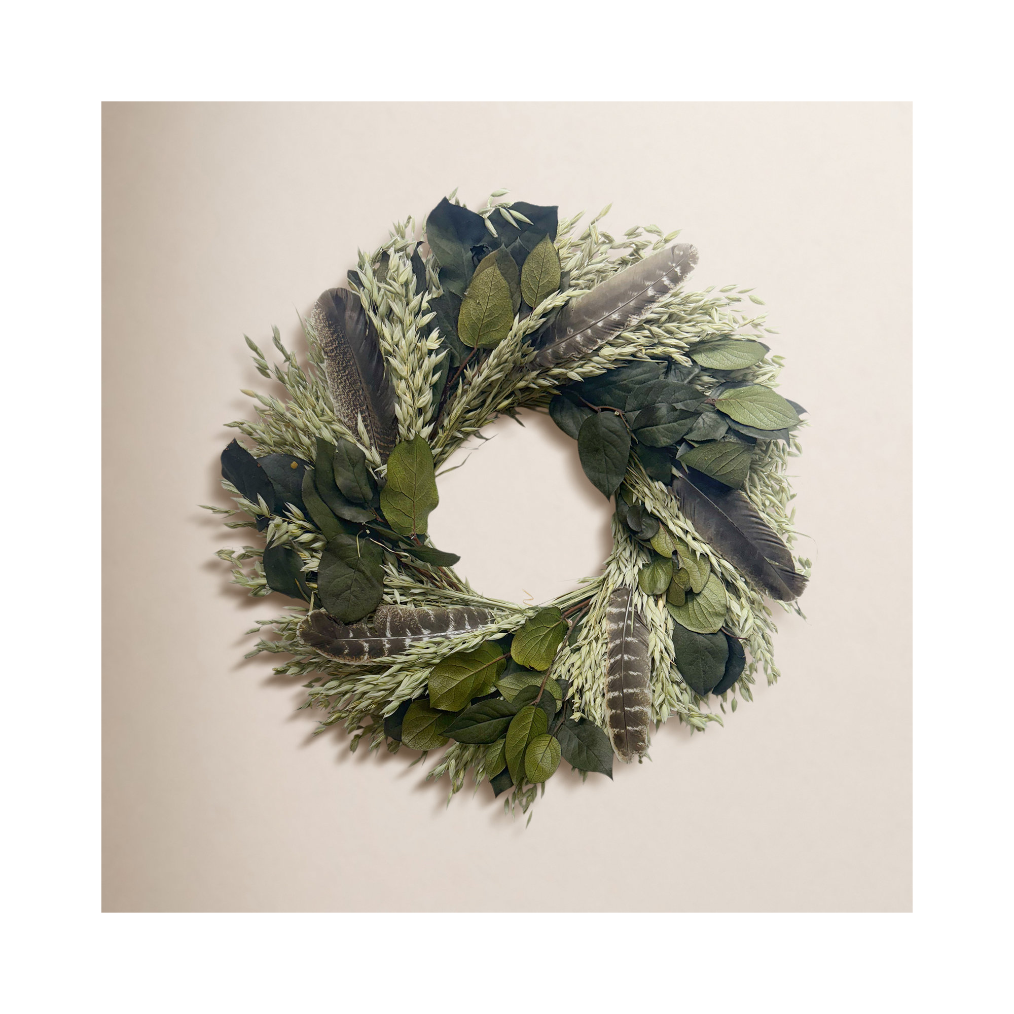 Natural Dried and Preserved Fall Leaves Wreath with Turkey Feathers, Green/Gray/White/Silver