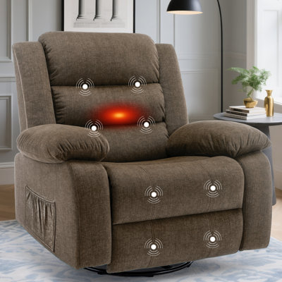 Fauteuil inclinable avec chaleur et massage, fauteuil inclinable surdimensionné, fauteuil inclinable pivotant à 360 ° pour le salon, fauteuil berçant avec poches latérales