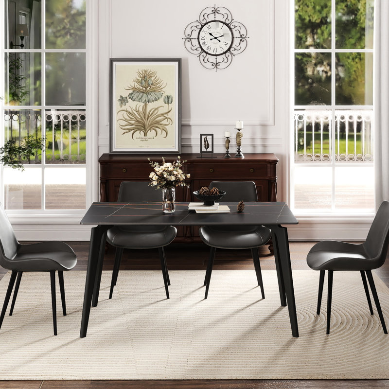 Table de salle à manger 56,52 "moderne en pierre frittée rectangulaire, pieds en métal noir, pouvant accueillir 6 teintes, facile à nettoyer