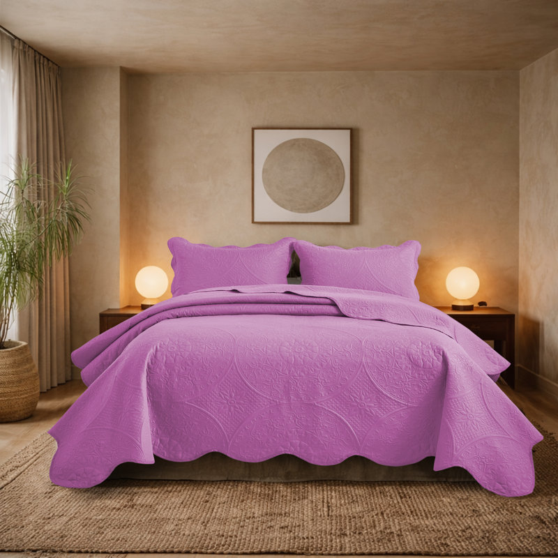 Floral Embossed Microfiber Quilted Bedspread Set, Queen Coverlet/Bedspread + 2 Standard Pillowcases, Purple
