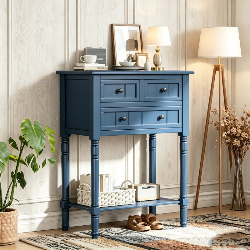 Console étroite avec trois tiroirs de rangement et une tablette inférieure, Navy Blue